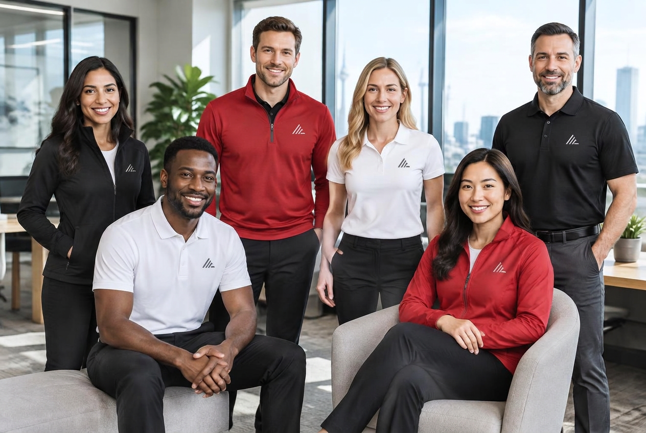 Corporate colleagues wearing coordinated polos, quarter-zips and jackets in an office