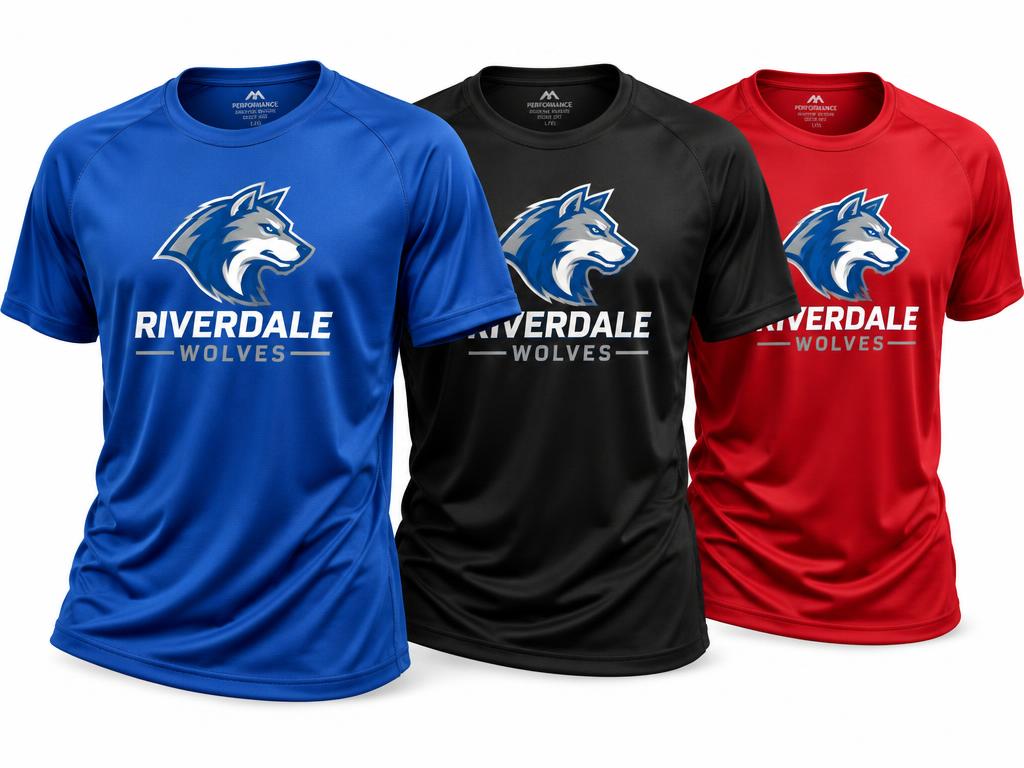 Athletic performance T-shirts in royal blue, black and red with a team logo
