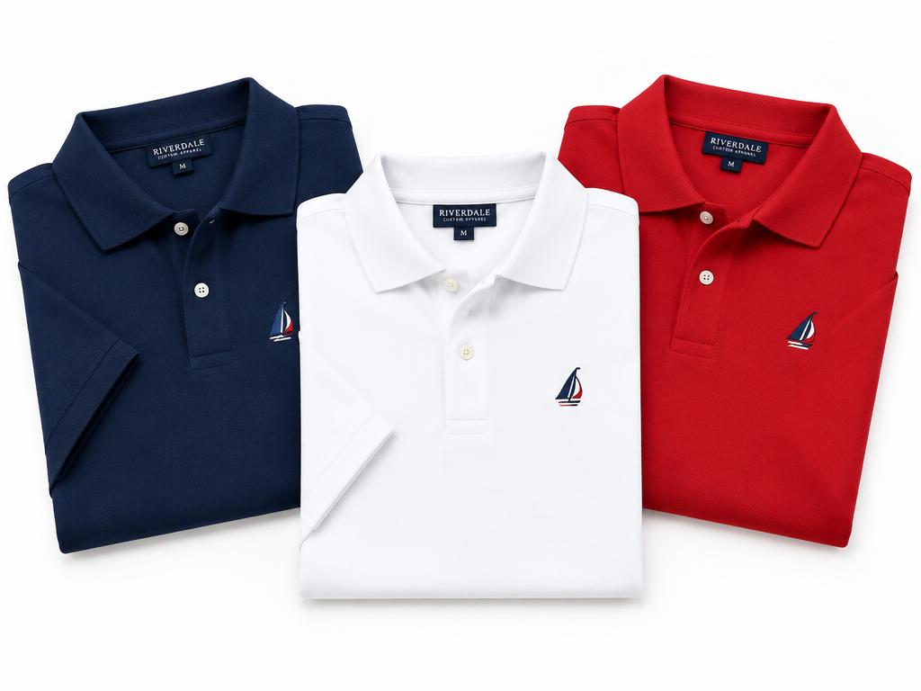 Custom polo shirts in navy, white and red with a small embroidered logo